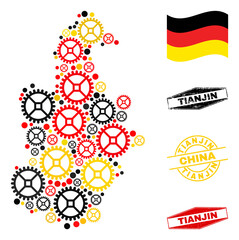 Mechanics Tianjin City map collage and seals. Vector collage created of service icons in different sizes, and German flag official colors - red, yellow, black.
