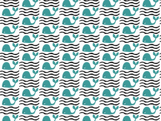 Childish marine pattern of whales, marine life background.
