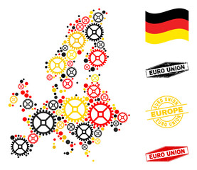 Repair service Euro Union map composition and stamps. Vector collage is formed of wheel icons in variable sizes, and German flag official colors - red, yellow, black.