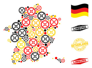 Service Limburg Province map collage and stamps. Vector collage is composed with repair service elements in variable sizes, and Germany flag official colors - red, yellow, black.