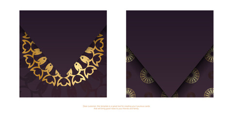 Template Greeting card in burgundy color with abstract gold pattern prepared for printing.