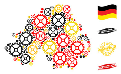 Gear Northern Ireland map mosaic and seals. Vector collage is composed of repair service elements in different sizes, and German flag official colors - red, yellow, black.