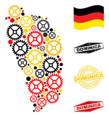 Wheel Dominica Island map collage and seals. Vector collage is designed with repair service items in variable sizes, and Germany flag official colors - red, yellow, black.