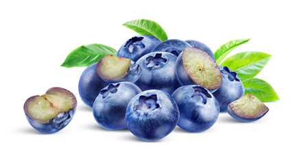Composition of ripe blueberries with cut pieces and leaves isolated on a white background.