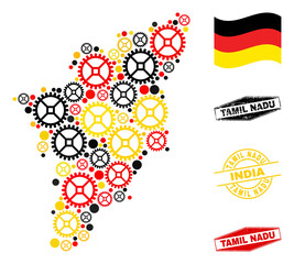 Fototapeta premium Industrial Tamil Nadu State map collage and stamps. Vector collage is composed of workshop elements in various sizes, and German flag official colors - red, yellow, black.