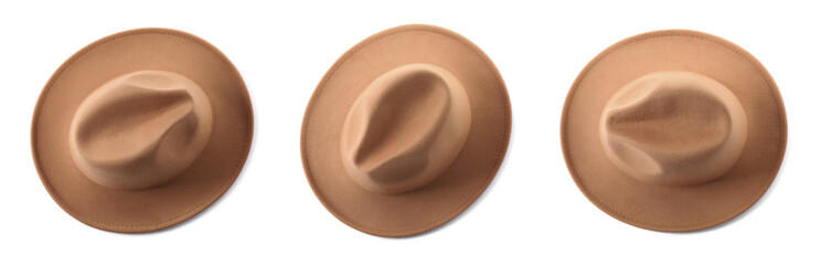 Set with stylish beige hats on white background, top view. Banner design