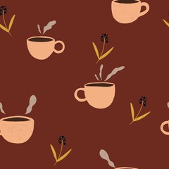 hand drawn seamless pattern with automn leaves, a cup of hot chocolate comfy fall