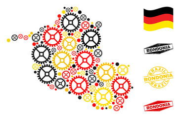 Gear Rondonia State map mosaic and stamps. Vector collage is created from repair service icons in variable sizes, and German flag official colors - red, yellow, black.