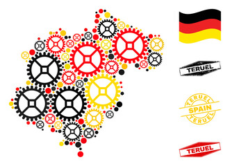 Industrial Teruel Province map collage and stamps. Vector collage is formed of clock gear items in variable sizes, and Germany flag official colors - red, yellow, black.