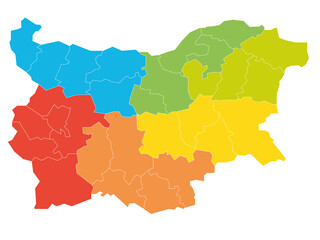 Colorful political map of Bulgaria. Administrative divisions - provinces - divided by color into regions. Simple flat blank vector map