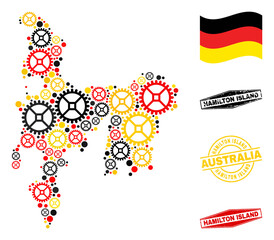 Wheel Hamilton Island map collage and stamps. Vector collage is formed with service items in various sizes, and Germany flag official colors - red, yellow, black.