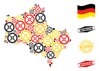 Service Moscow Region map mosaic and stamps. Vector collage is designed of service items in different sizes, and Germany flag official colors - red, yellow, black.