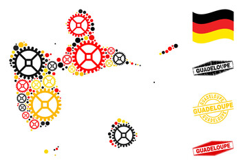 Wheel Guadeloupe map composition and stamps. Vector collage is composed with wheel icons in different sizes, and German flag official colors - red, yellow, black.