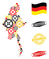 Repair workshop Myanmar map collage and stamps. Vector collage created of repair workshop elements in different sizes, and Germany flag official colors - red, yellow, black.
