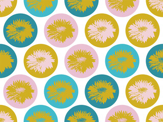 Geometric multi color seamless pattern with repeated silhouettes of chrysanthemum flowers and circles forms. Closeup stylized flowers in full bloom. Trendy hand drawn vector graphics.