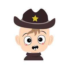 Avatar of child with emotions panic, surprised face, shocked eyes in sheriff hat with yellow star. Cute kid with scared expression in carnival costume. Head of adorable baby