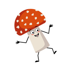 Cute amanita character with joyful emotions, dancing, smile face, happy eyes, arms and legs. Fly Agaric Mushroom from forest with kind expression