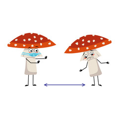 Cute amanita character with sad emotions, face and mask keep distance, arms and legs. Fly Agaric Mushroom from forest with depression expression