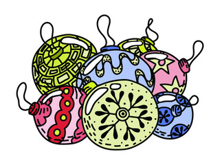 Balls on the Christmas tree. Doodle style vector. Decorations with a different pattern: snowflake, stripes, stars. Multi-colored objects.