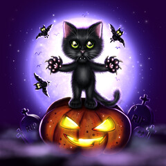 Halloween black cat on the background of the night sky with a big moon square format