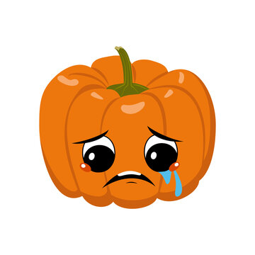 Cute pumpkin character with crying and tears emotion, sad face, depressive eyes. Festive decoration for Halloween. Vegetable orange hero