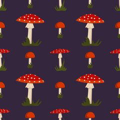 Seamless pattern with amanita mushroom with red hat and white dots and grass on dark background. Bright fly agaric print