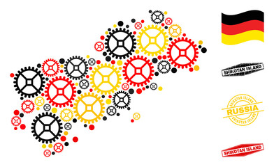 Repair workshop Shikotan Island map collage and seals. Vector collage is composed with repair service icons in variable sizes, and Germany flag official colors - red, yellow, black.