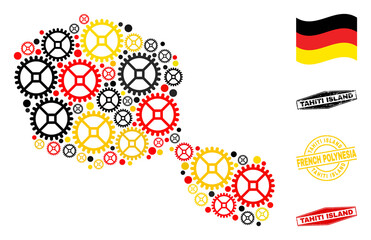 Repair workshop Tahiti Island map collage and seals. Vector collage designed from repair workshop elements in various sizes, and German flag official colors - red, yellow, black.