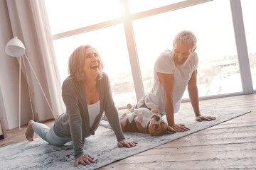 Active senior couple in sports clothing doing yoga and smiling while spending time at home with their dog