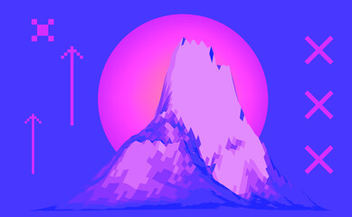 Sci-fi the 80's style mountain landscape. Retrofuturistic vector illustration.