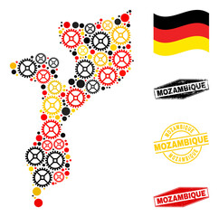 Cog Mozambique map collage and stamps. Vector collage is created from repair workshop items in variable sizes, and German flag official colors - red, yellow, black.