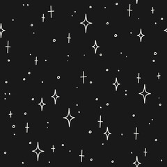 Hand drawn stars and dots on a black background. Vector seamless pattern