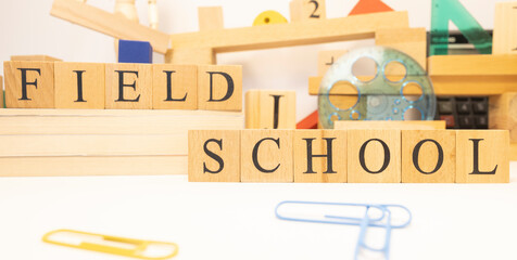 Field school is made from wooden cubes. Education concept.