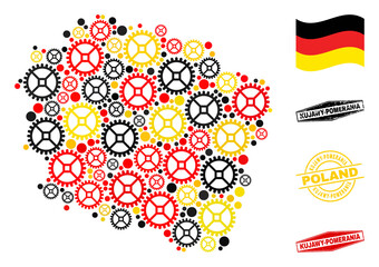 Repair service Kujawy-Pomerania Province map composition and seals. Vector collage is created with clock gear items in variable sizes, and Germany flag official colors - red, yellow, black.