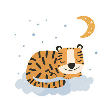 Cute little tiger. Chinese 2022 year symbol. Year of tiger. Decorative cute backdrop, good for printing.Cartoon animal
