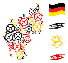 Industrial Tripura State map composition and stamps. Vector collage is created with industrial items in different sizes, and German flag official colors - red, yellow, black.