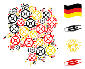 Repair workshop Hunan Province map mosaic and stamps. Vector collage is formed of repair workshop elements in various sizes, and German flag official colors - red, yellow, black.