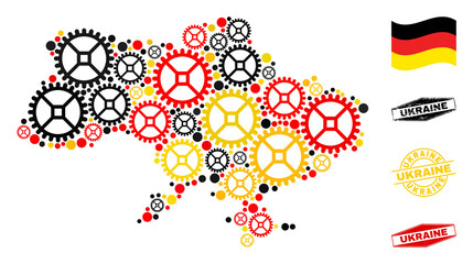 Workshop Ukraine map mosaic and seals. Vector collage is composed with repair workshop icons in various sizes, and German flag official colors - red, yellow, black.