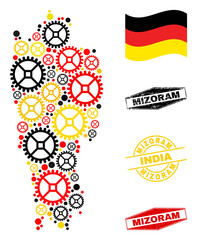 Repair service Mizoram State map mosaic and stamps. Vector collage is formed with mechanics icons in various sizes, and Germany flag official colors - red, yellow, black.