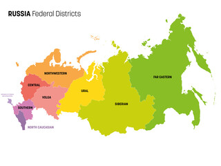 Obraz premium Colorful political map of Russia, or Russian Federation. Divided by color into regions. Simple flat vector map with labels.