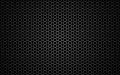 Metal mesh texture. Perforated steel concept. Gray carbon with light. Futuristic metal plate. Dark industrial material with round cells. Vector illustration