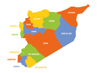 Colorful political map of Syria. Administrative divisions - governorates. Simple flat vector map with labels.
