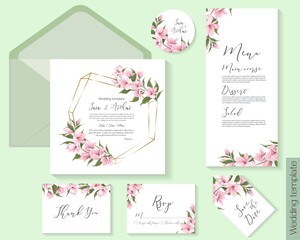 Vector floral template for wedding invitations. Branches of pink sakura, magnolia. Invitation card, rsvp, thank you, round card, menu.