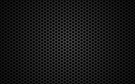 Metal mesh texture. Perforated steel concept. Gray carbon with light. Futuristic metal plate. Dark industrial material with round cells. Vector illustration