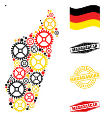 Repair workshop Madagascar Island map collage and stamps. Vector collage is created with workshop items in different sizes, and Germany flag official colors - red, yellow, black.