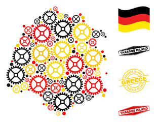 Service Thassos Island map collage and seals. Vector collage is composed from repair service icons in various sizes, and German flag official colors - red, yellow, black.