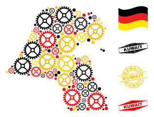 Wheel Kuwait map collage and seals. Vector collage is designed from cog items in different sizes, and German flag official colors - red, yellow, black. Abstract Kuwait map is formed from random cogs.