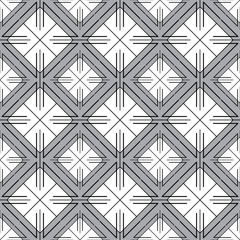 Seamless geometric pattern. Trendy abstract background of white rhombuses and contour black elements on a gray background.