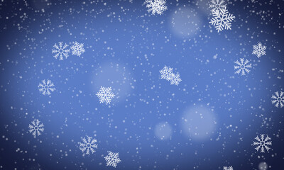 Abstract Snowflakes Background with bokeh. Winter Snowflakes and star glow Christmas. Falling snow. Beautiful and delicate snowy backdrop. Decoration for greeting cards