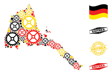 Service Eritrea map collage and stamps. Vector collage is formed with industrial elements in different sizes, and German flag official colors - red, yellow, black.